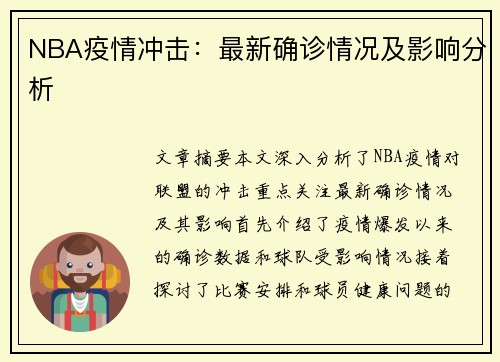 NBA疫情冲击：最新确诊情况及影响分析