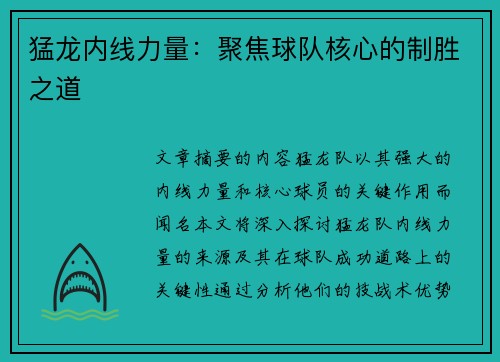 猛龙内线力量：聚焦球队核心的制胜之道